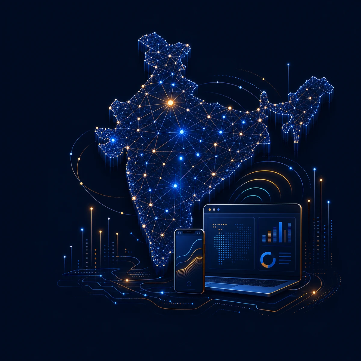 Connected map of India with a laptop and smartphone representing useful digital technology